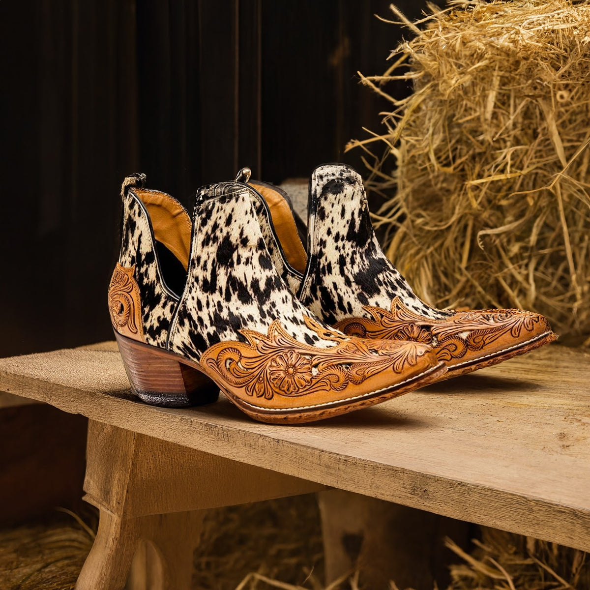 Myra Wild Ember Fringed Handtooled Leather Booties in Golden Rust
