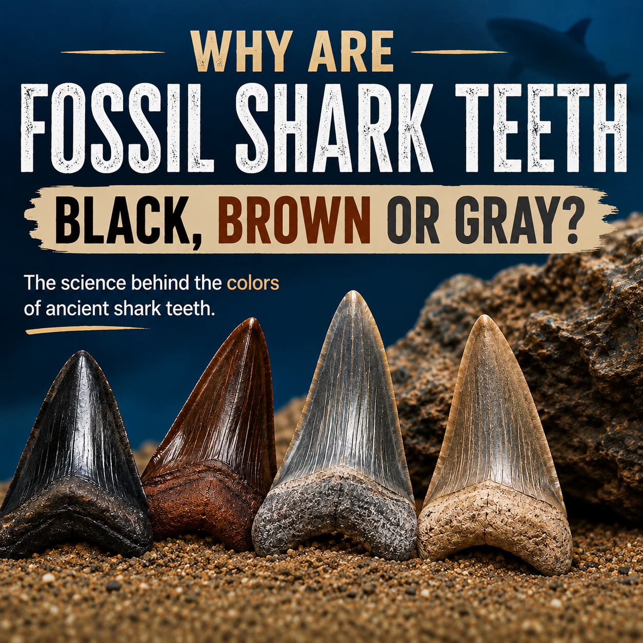 Four fossil shark teeth in black, brown, gray and tan displayed on sand beneath the title “Why Are Fossil Shark Teeth Black, Brown or Gray?”