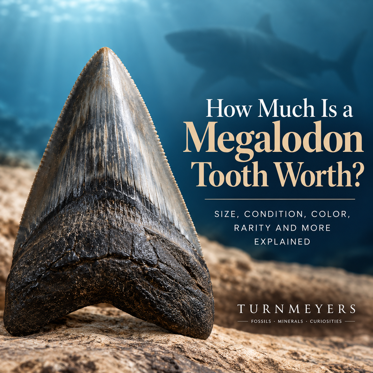 Megalodon tooth fossil underwater with a shark silhouette and text reading “How Much Is a Megalodon Tooth Worth?” for a Turnmeyers fossil collecting guide.