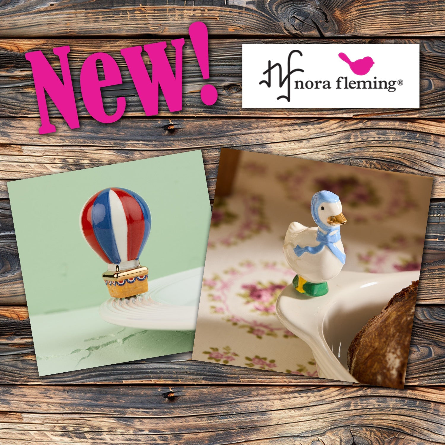 Nora Fleming new release minis Red White and Balloon and Porch Pal mini on Nora Fleming platter
