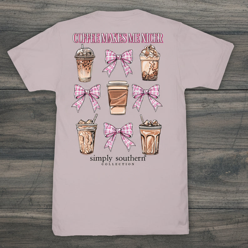 Simply Southern driftwood short sleeve t-shirt featuring illustrated coffee drinks, pink bows, and Coffee Makes Me Nicer text