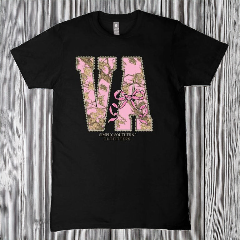 Simply Southern black short sleeve cotton tee featuring Virginia state letters filled with pink camo pattern and bow graphic