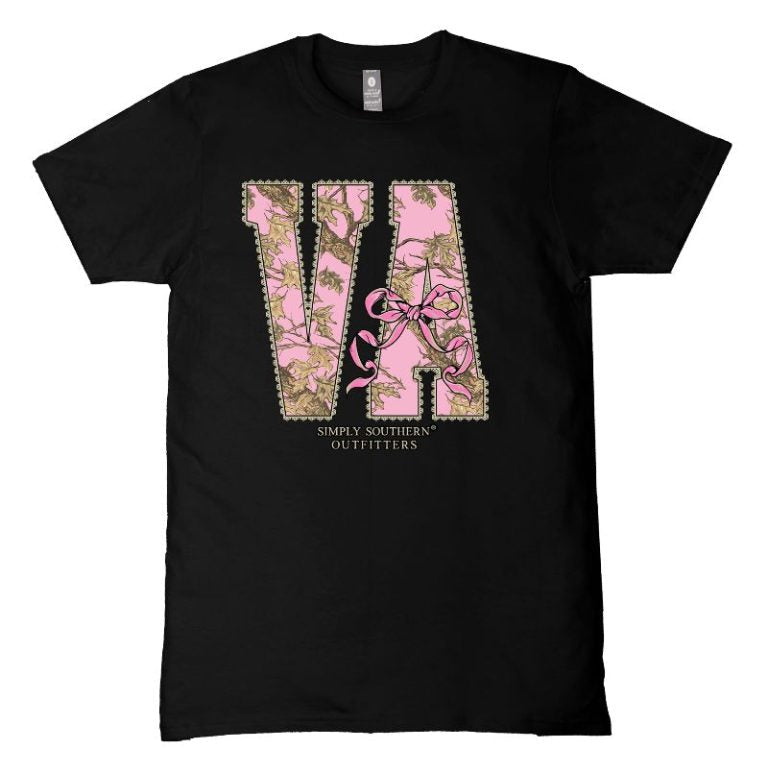 Simply Southern black short sleeve cotton tee featuring Virginia state letters filled with pink camo pattern and bow graphic