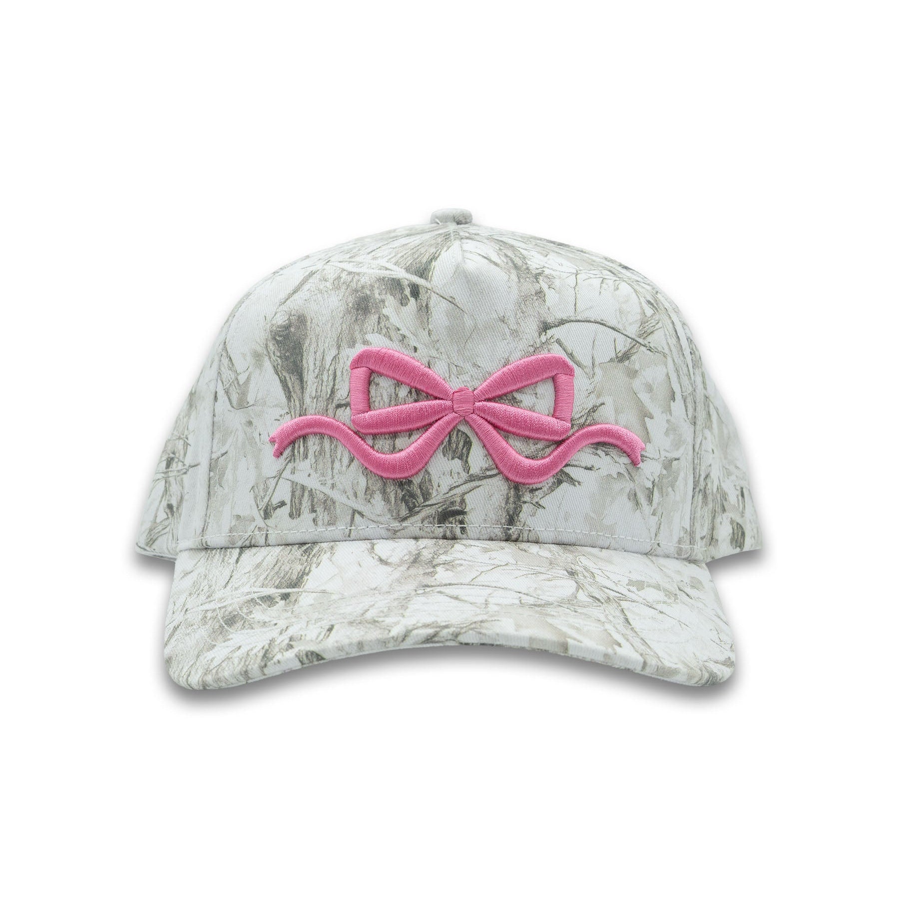 Simply Southern white camouflage trucker hat featuring an embroidered pink bow design on the front