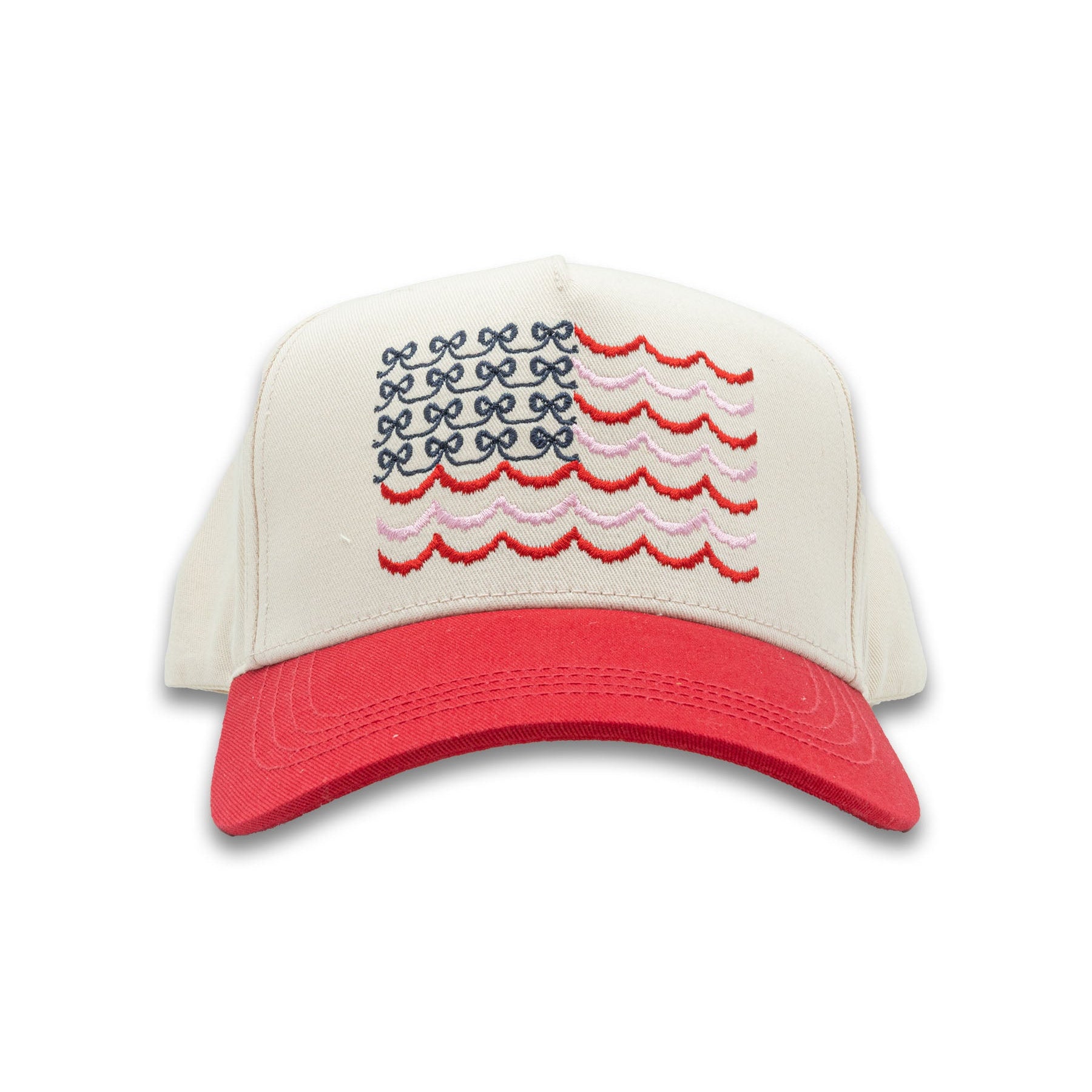 Simply Southern cream and red trucker hat featuring an embroidered American flag made of bows and wavy stripes