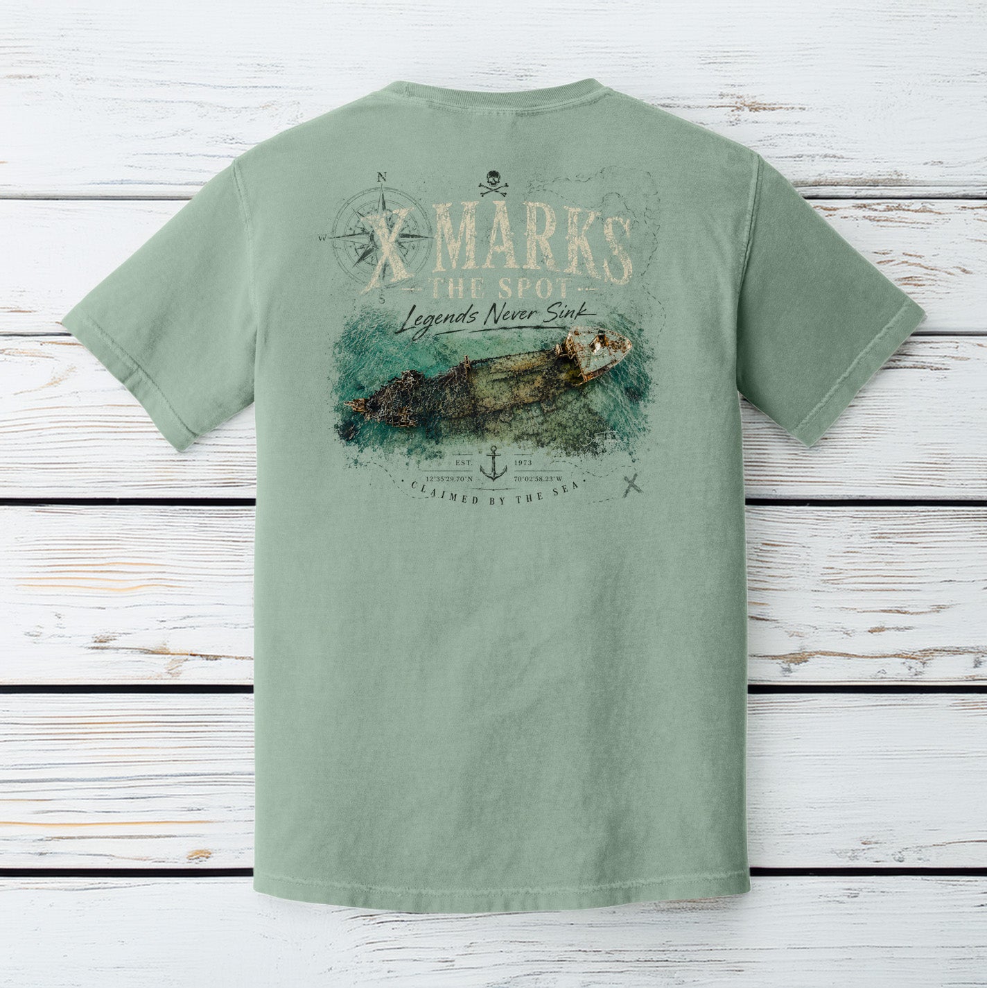 Comfort Colors Bay t-shirt featuring distressed shipwreck and nautical treasure map artwork.