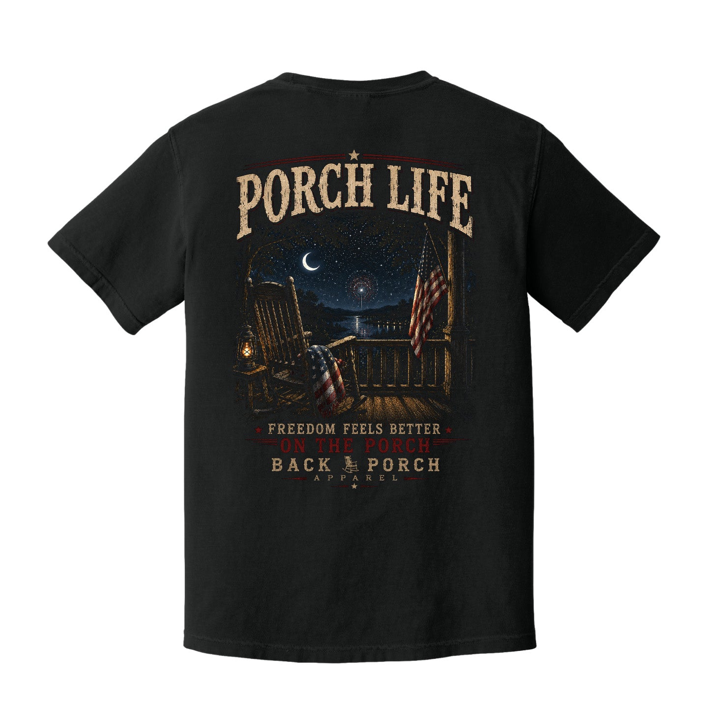Back view of a black Comfort Colors Porch Life t-shirt with fireworks, American flags, and rustic patriotic porch artwork.