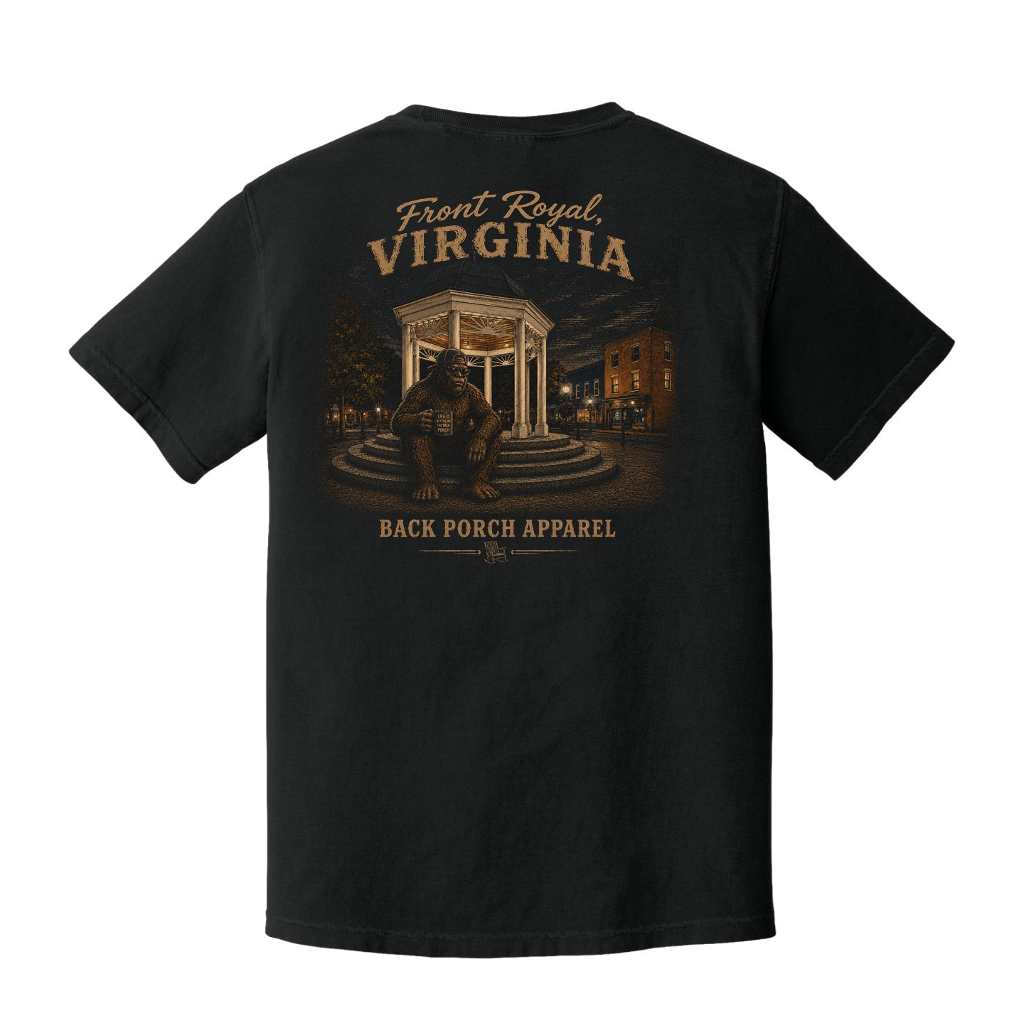 Back view of a black Comfort Colors t-shirt displayed on a white background featuring a distressed Front Royal Virginia gazebo scene with Bigfoot and rustic Shenandoah Valley artwork by Back Porch Apparel.