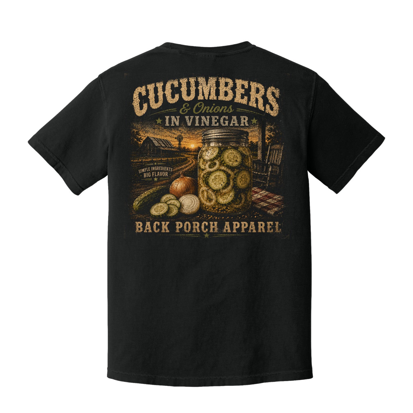 Back view of a black Comfort Colors t-shirt featuring a vintage southern cucumbers and onions in vinegar design with farmhouse sunset and porch life artwork by Back Porch Apparel.