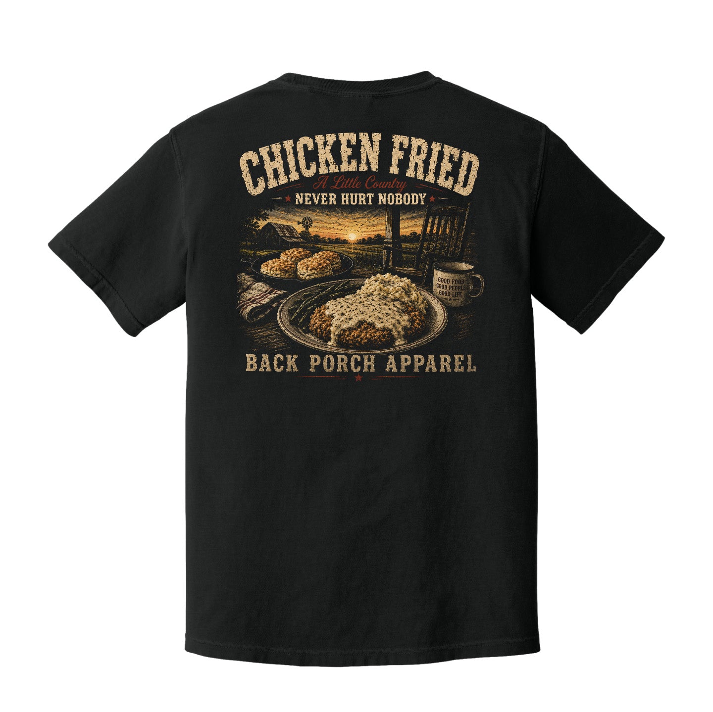 Back view of a black Comfort Colors t-shirt featuring a vintage chicken fried steak southern country design by Back Porch Apparel.
