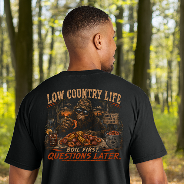 Model wearing a Back Porch Apparel Bigfoot Low Country Boil T-Shirt on Comfort Colors