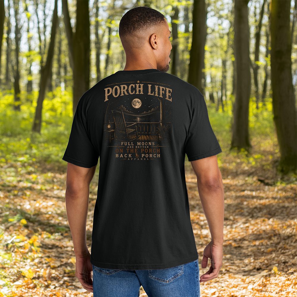 Model wearing a Back Porch Apparel Porch Life Full Moongs are Better on the Porch Comfort Colors Shirt