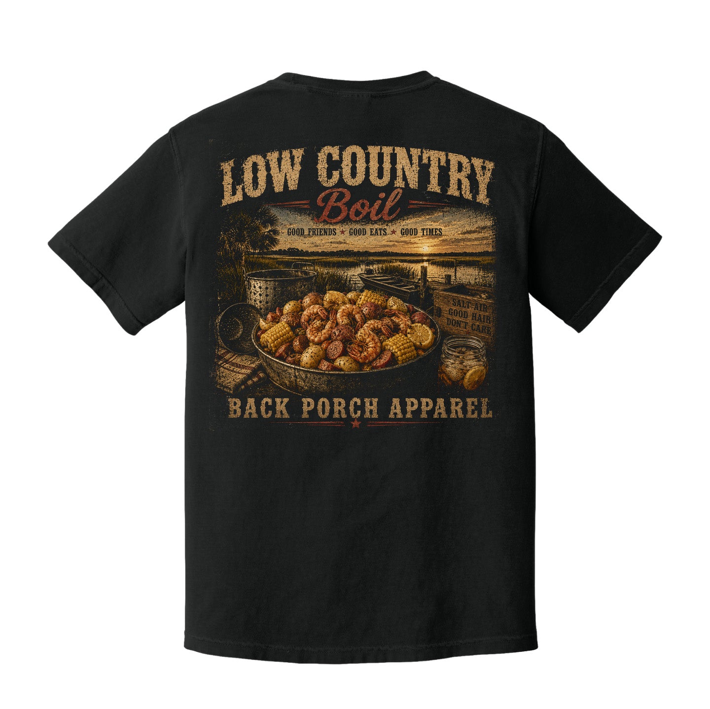 Back view of a black Comfort Colors t-shirt featuring a vintage low country boil seafood design with coastal southern sunset artwork by Back Porch Apparel.