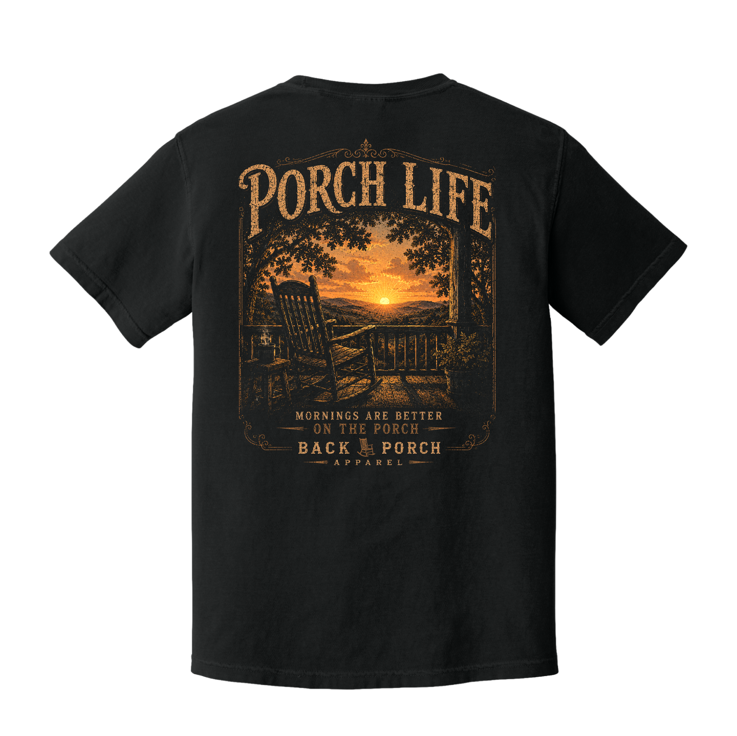 Back of Black Comfort Colors graphic t-shirt featuring a porch rocking chair, sunrise, coffee cup, and the phrase "Mornings Are Better on the Porch."