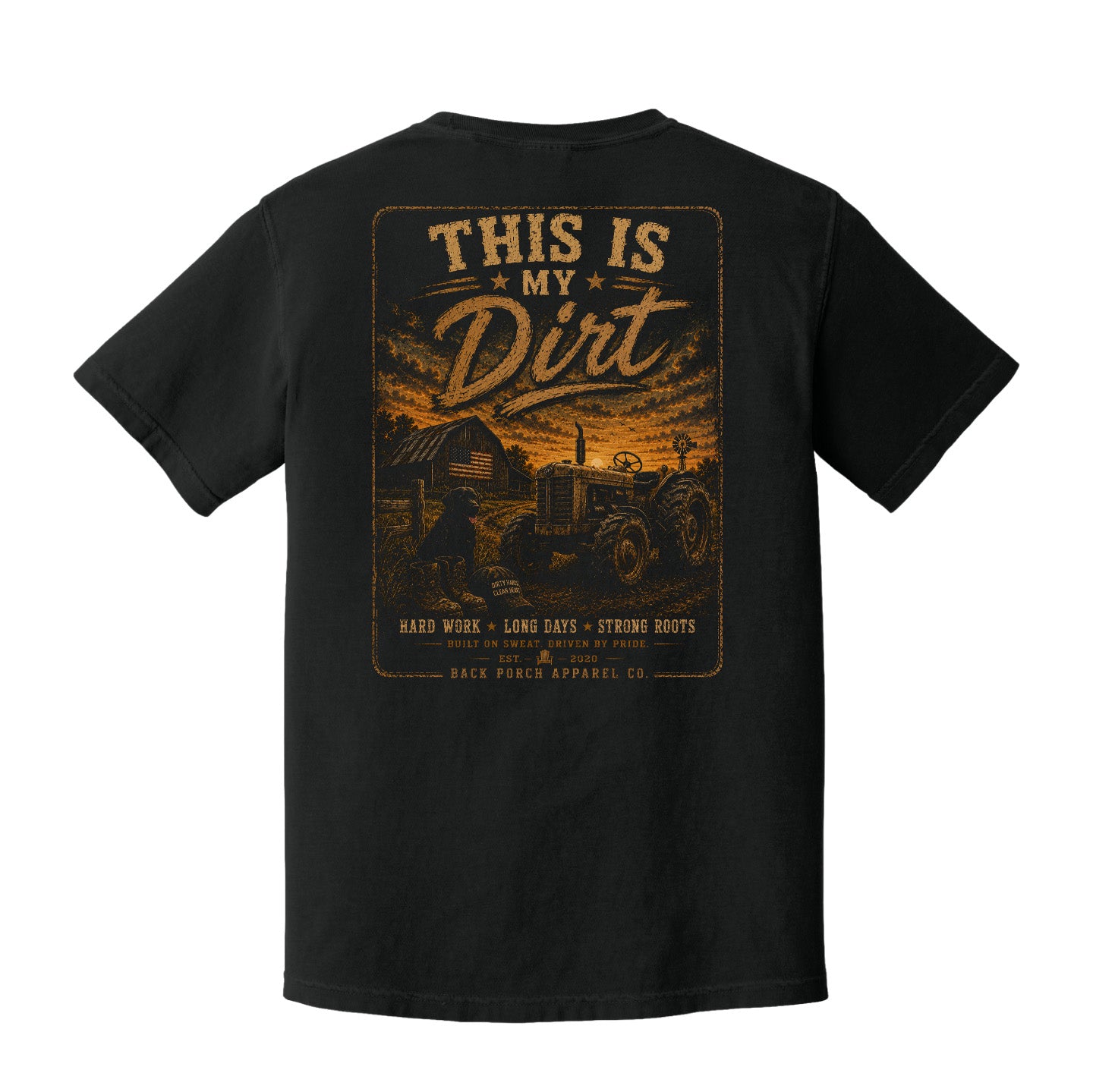 Back view of a black Comfort Colors t-shirt featuring a vintage farm tractor and dirt road design by Back Porch Apparel.