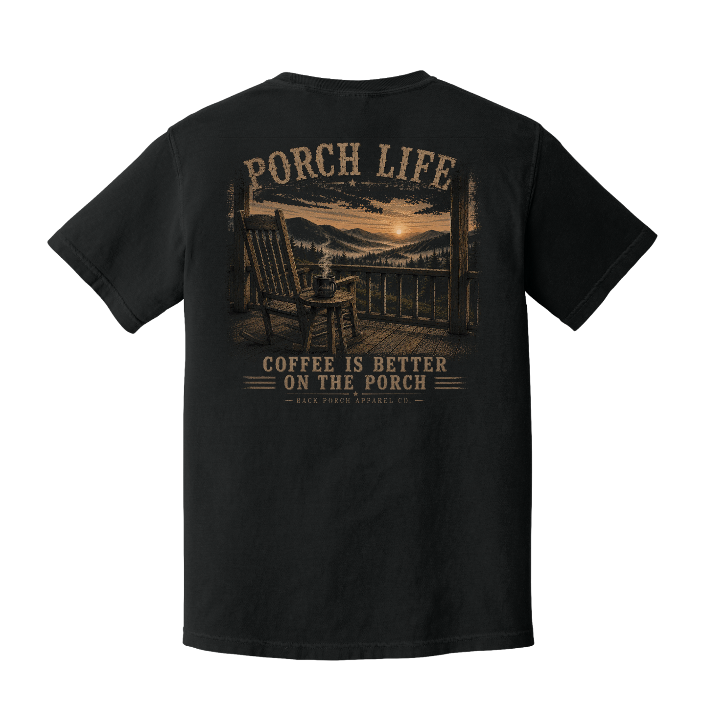 Back of Black Comfort Colors graphic t-shirt featuring a rustic porch with a rocking chair, steaming coffee mug, mountain sunrise, and the phrase "Coffee Is Better on the Porch."