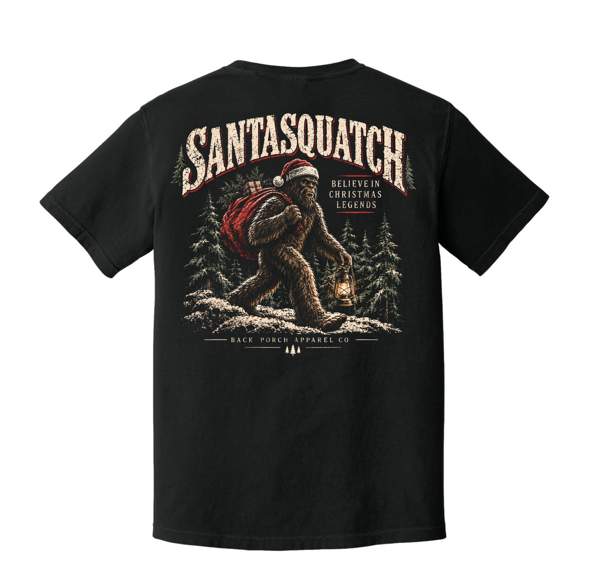 A black short-sleeve t-shirt shown from the back, featuring a large graphic print of a Santa-clad sasquatch carrying a lantern, with the text 'SANTASQUATCH' and 'BELIEVE IN CHRISTMAS LEGENDS'.