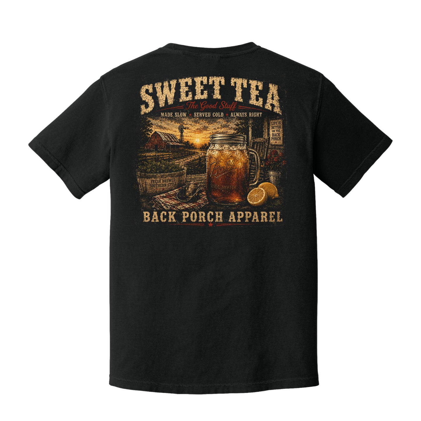 Back view of a black Comfort Colors t-shirt displayed on a white background featuring a distressed sweet tea mason jar graphic with rustic southern porch scene artwork by Back Porch Apparel.