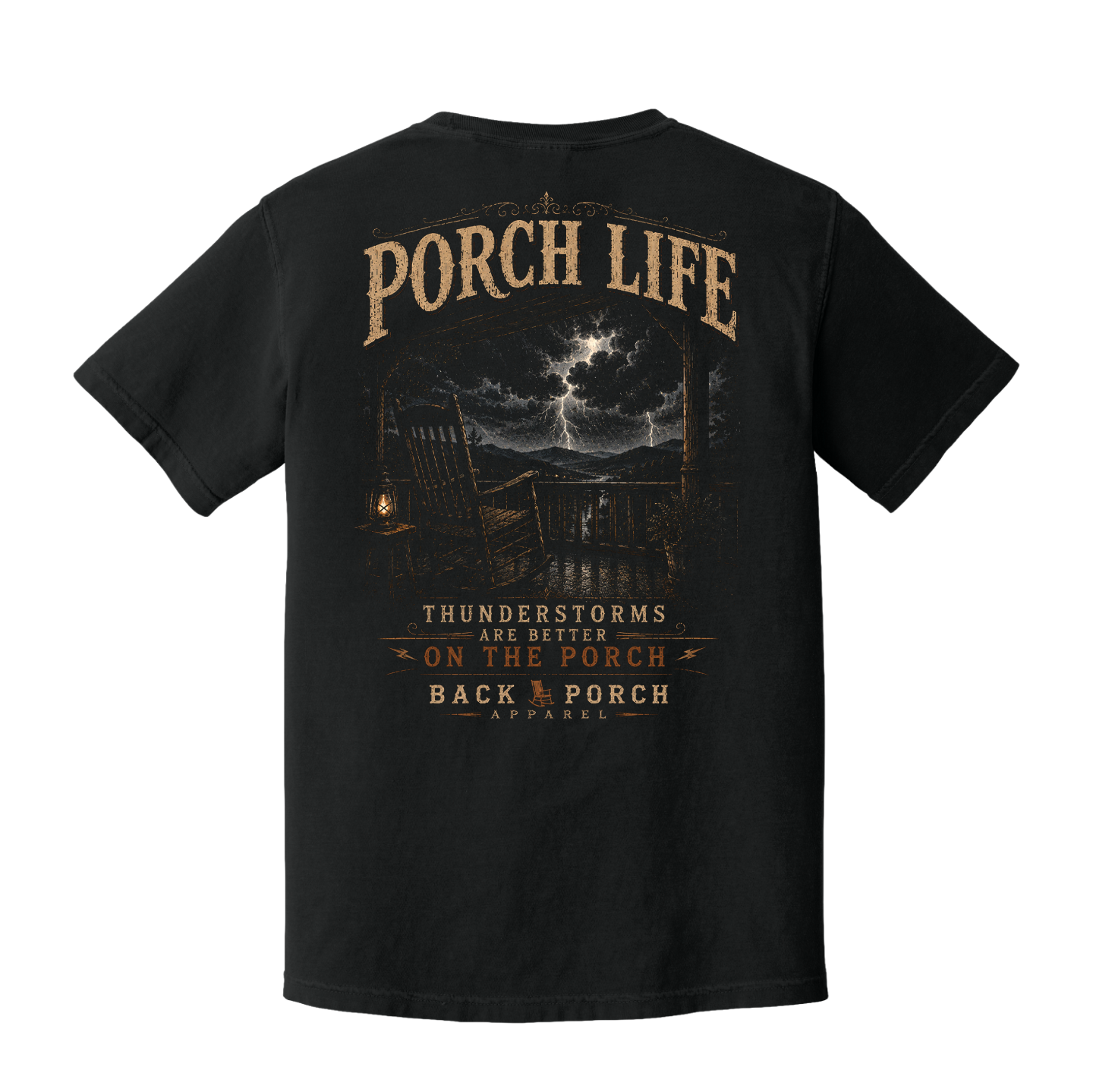 Back of Black Comfort Colors graphic t-shirt featuring a rustic porch, rocking chair, lightning storm over the mountains, and the phrase "Thunderstorms Are Better on the Porch."