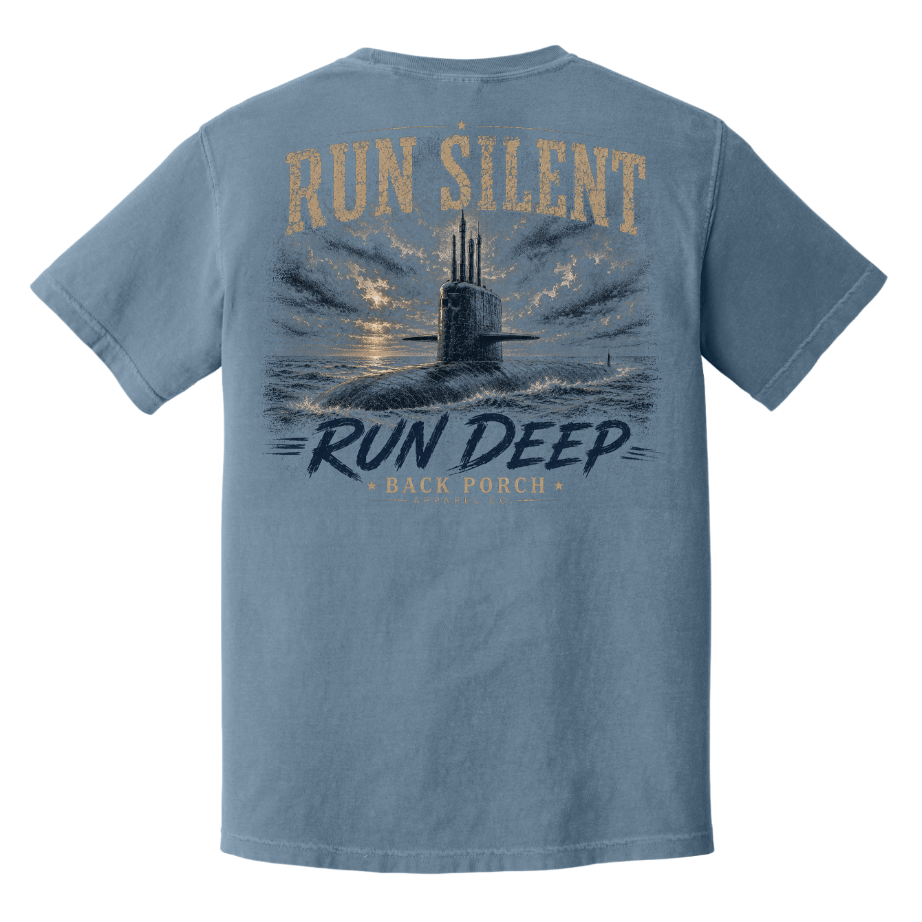 Back of Blue Jean Comfort Colors submarine t-shirt featuring a detailed submarine with the words "Run Silent Run Deep."