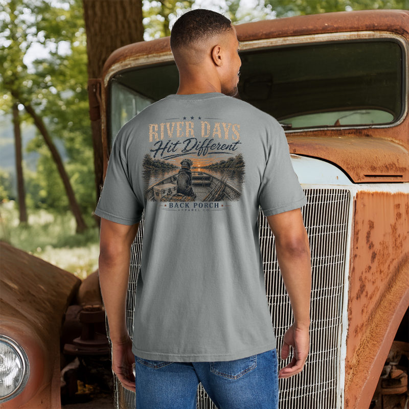 Model Wearting a Back Porch Apparel River Days Hit Different Comfort Colors Shirt