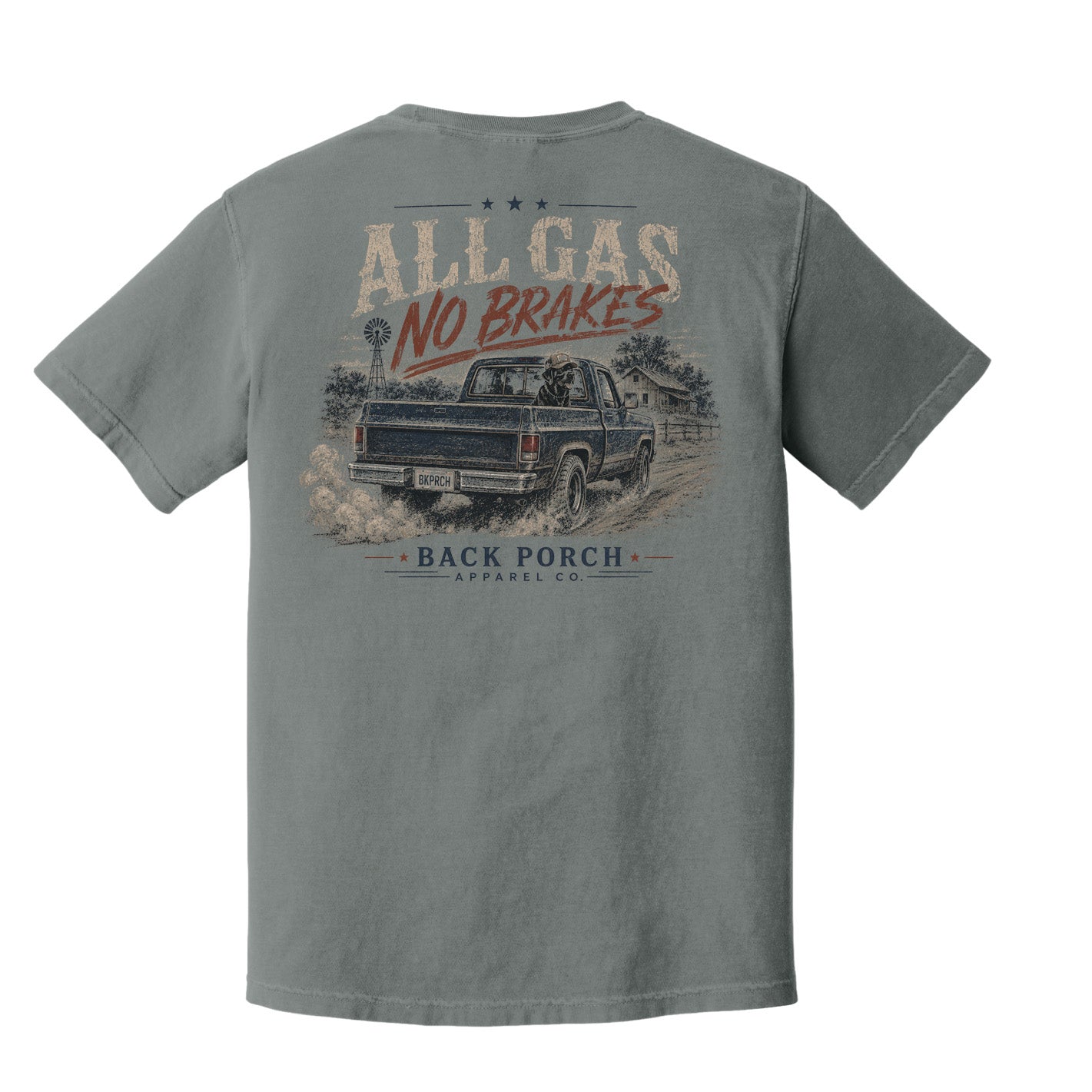 Back of a Grey Comfort Colors All Gas No Brakes graphic t-shirt by Back Porch Apparel featuring a vintage pickup truck, farmhouse, windmill, and distressed country-inspired artwork.