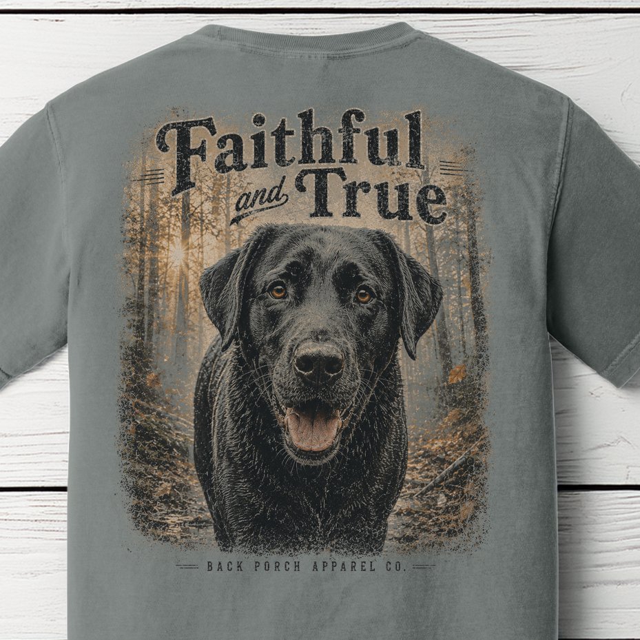 Close-up of the Faithful and True black Labrador woodland artwork printed on a Comfort Colors Grey shirt.