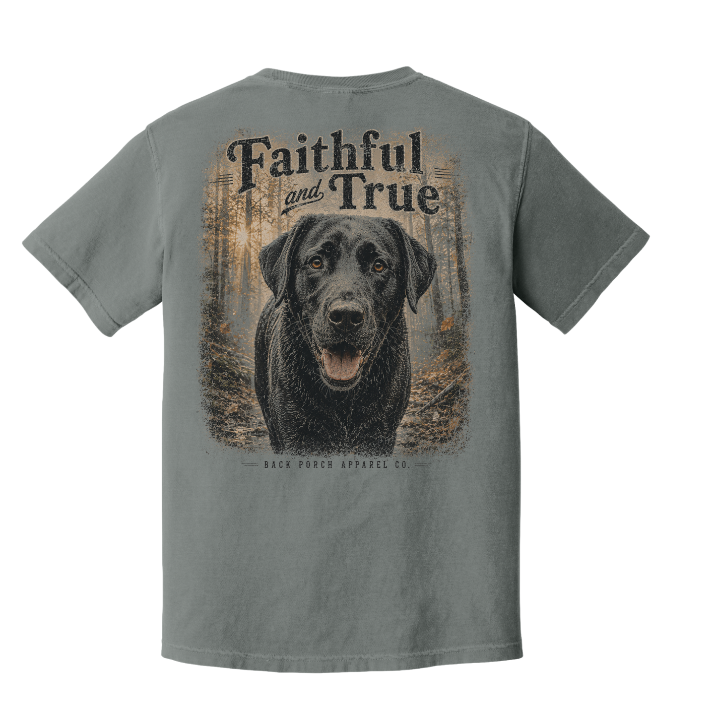 Faithful and True black Labrador graphic printed on a Comfort Colors 1717 Grey t-shirt by Back Porch Apparel.