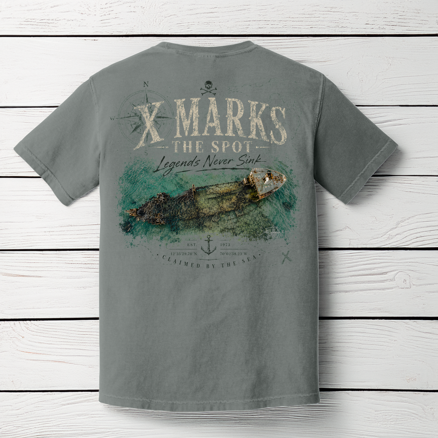 Comfort Colors Grey t-shirt featuring distressed shipwreck and nautical treasure map artwork.