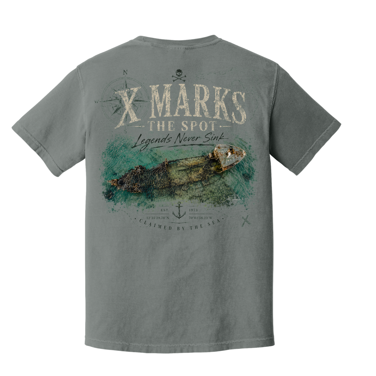 Back view of a Comfort Colors Grey shirt featuring vintage shipwreck coastal artwork and nautical design details.