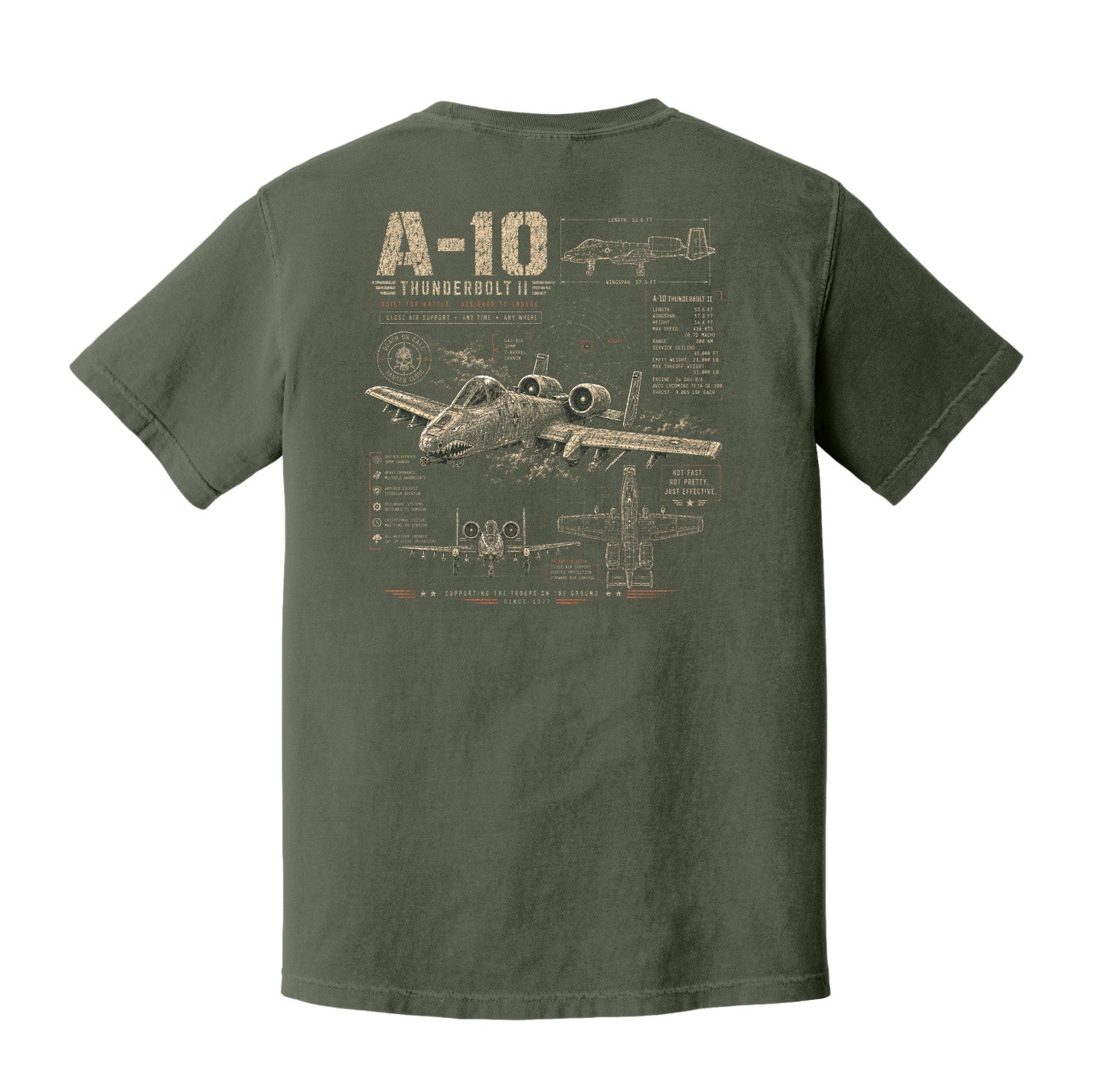 Back view of a Moss Comfort Colors t-shirt displayed on a white background featuring a distressed A-10 Thunderbolt II military aviation blueprint graphic by Back Porch Apparel.