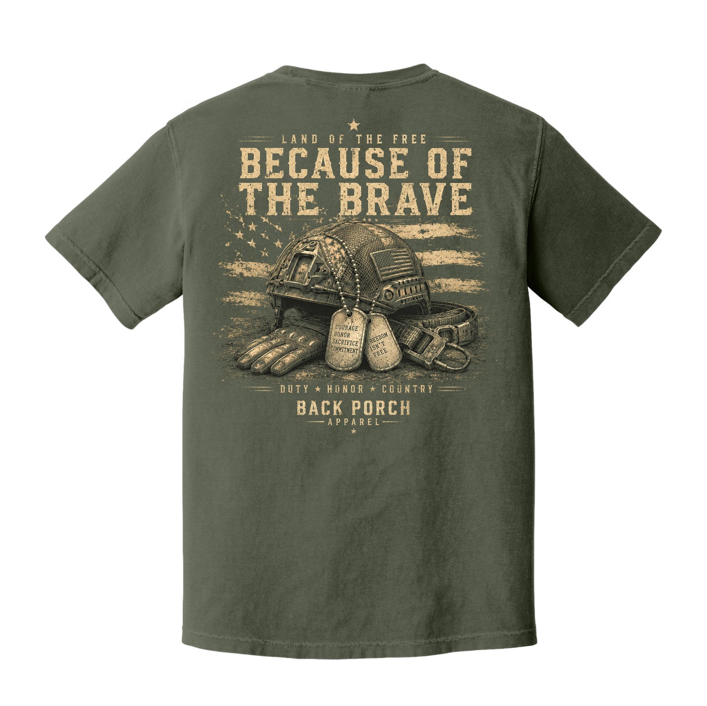 Back view of a Moss Comfort Colors t-shirt displayed on a white background featuring a distressed military helmet and American flag design with patriotic typography by Back Porch Apparel.