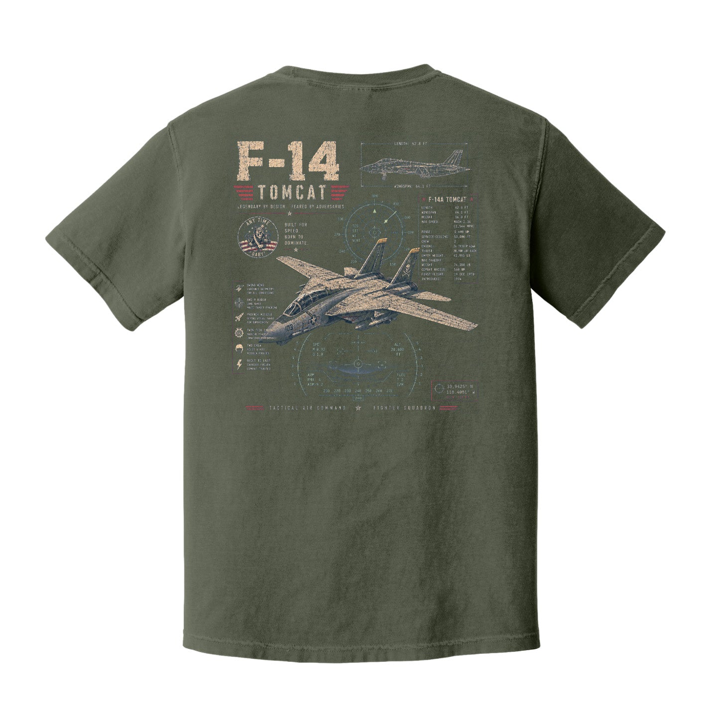 Back view of a Moss Comfort Colors t-shirt displayed on a white background featuring a distressed F-14 Tomcat fighter jet blueprint graphic by Back Porch Apparel.