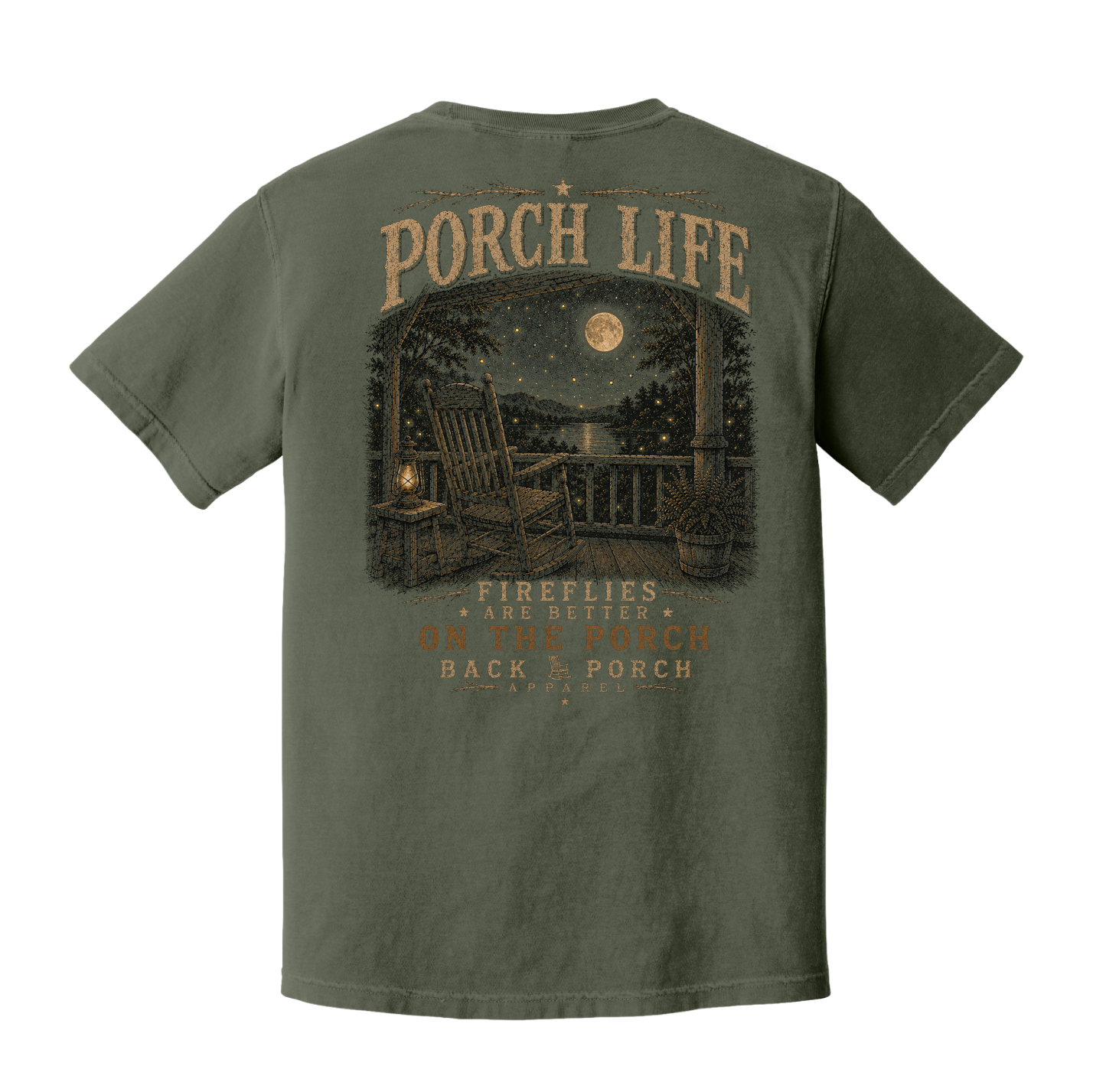 Back of Moss Comfort Colors graphic t-shirt featuring a moonlit porch, rocking chair, lantern, glowing fireflies, and the phrase "Fireflies Are Better on the Porch."