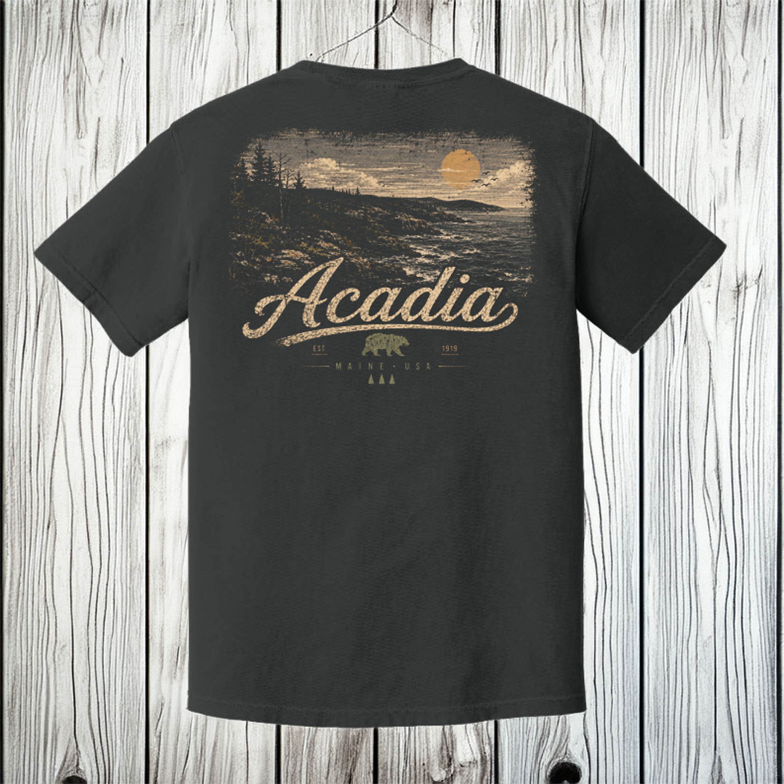 A dark charcoal gray t-shirt hanging on a wooden hanger against a light gray wood plank wall. The back of the shirt features a large graphic print of a sunset over a forested hillside, with the word 'Acadia' in a stylized beige script and a small brown bear logo below.