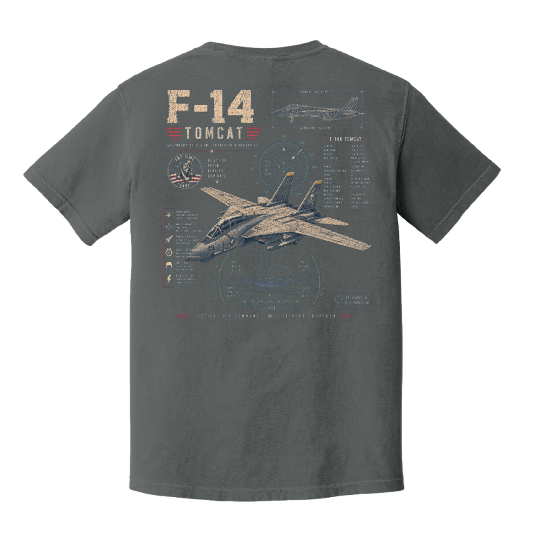 Back of Comfort Colors Pepper graphic t-shirt featuring a distressed F-14 Tomcat military aircraft design with aviation blueprint details.