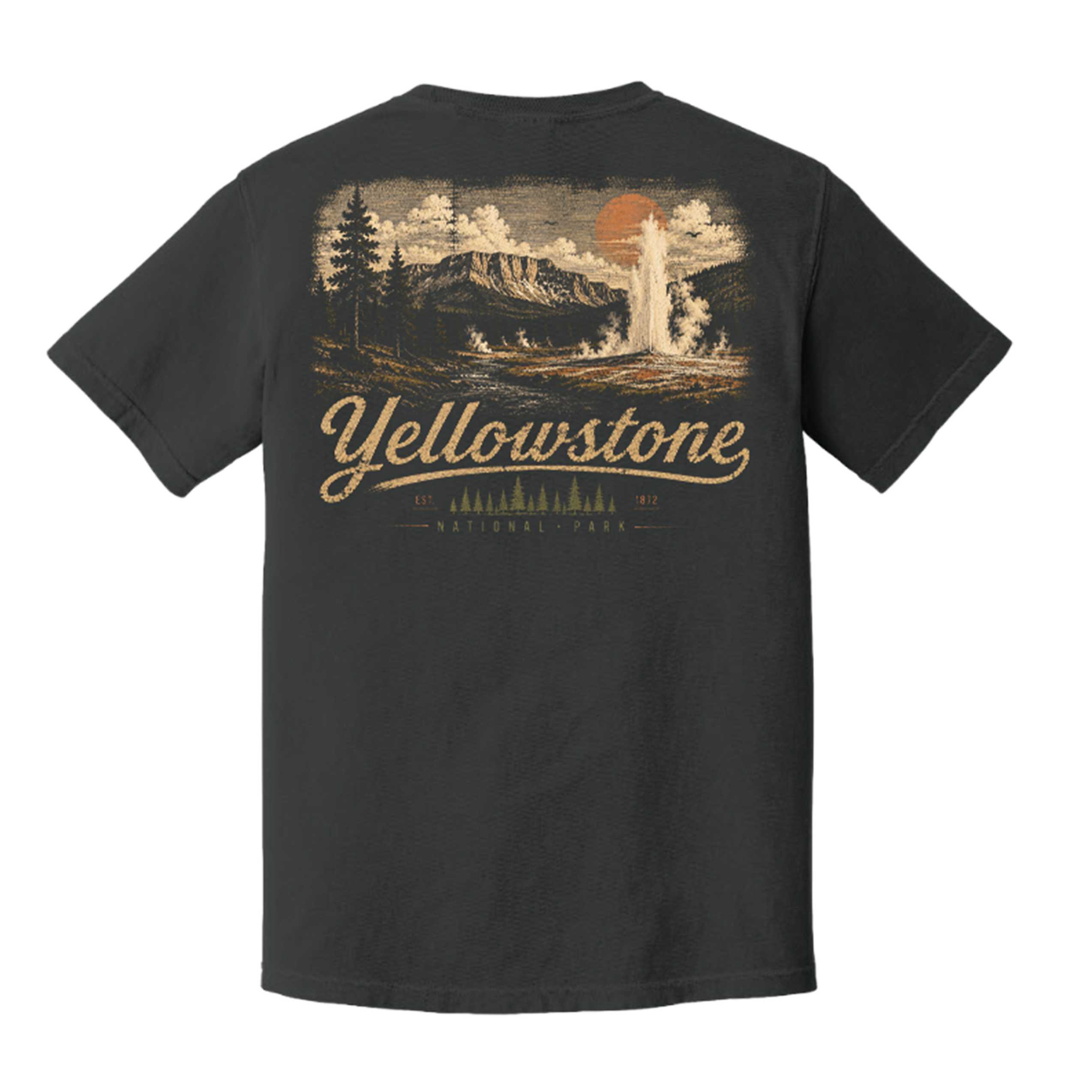 A dark charcoal gray t-shirt shown from the back, featuring a vintage-style Yellowstone National Park graphic with a geyser, mountains, trees, and the text 'Yellowstone National Park' in tan and orange.