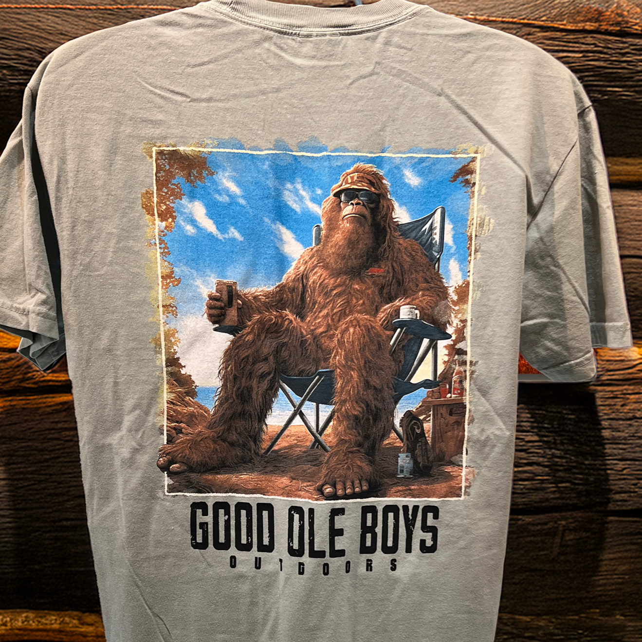 Good Ole Boys Bigfoot In A Beach Chair Tshirt Closeup