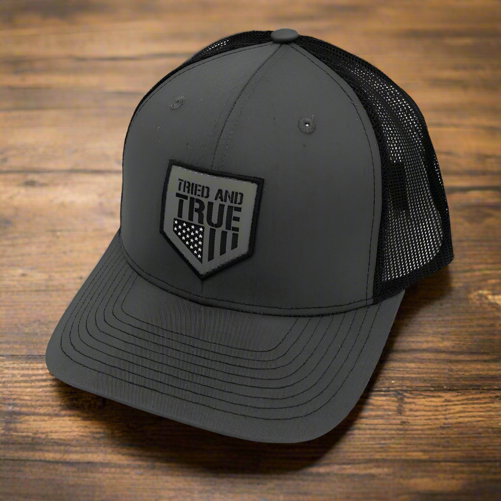 Tried & True Charcoal Grey and Black Trucker Hat with Embroidered Flag