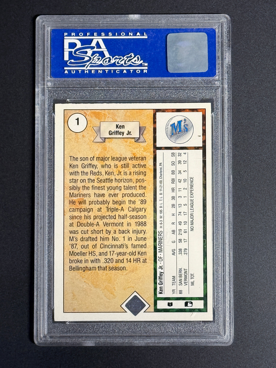 Back of 1989 Upper Deck Ken Griffey Jr. Star Rookie card displaying player statistics, biography, and Upper Deck branding