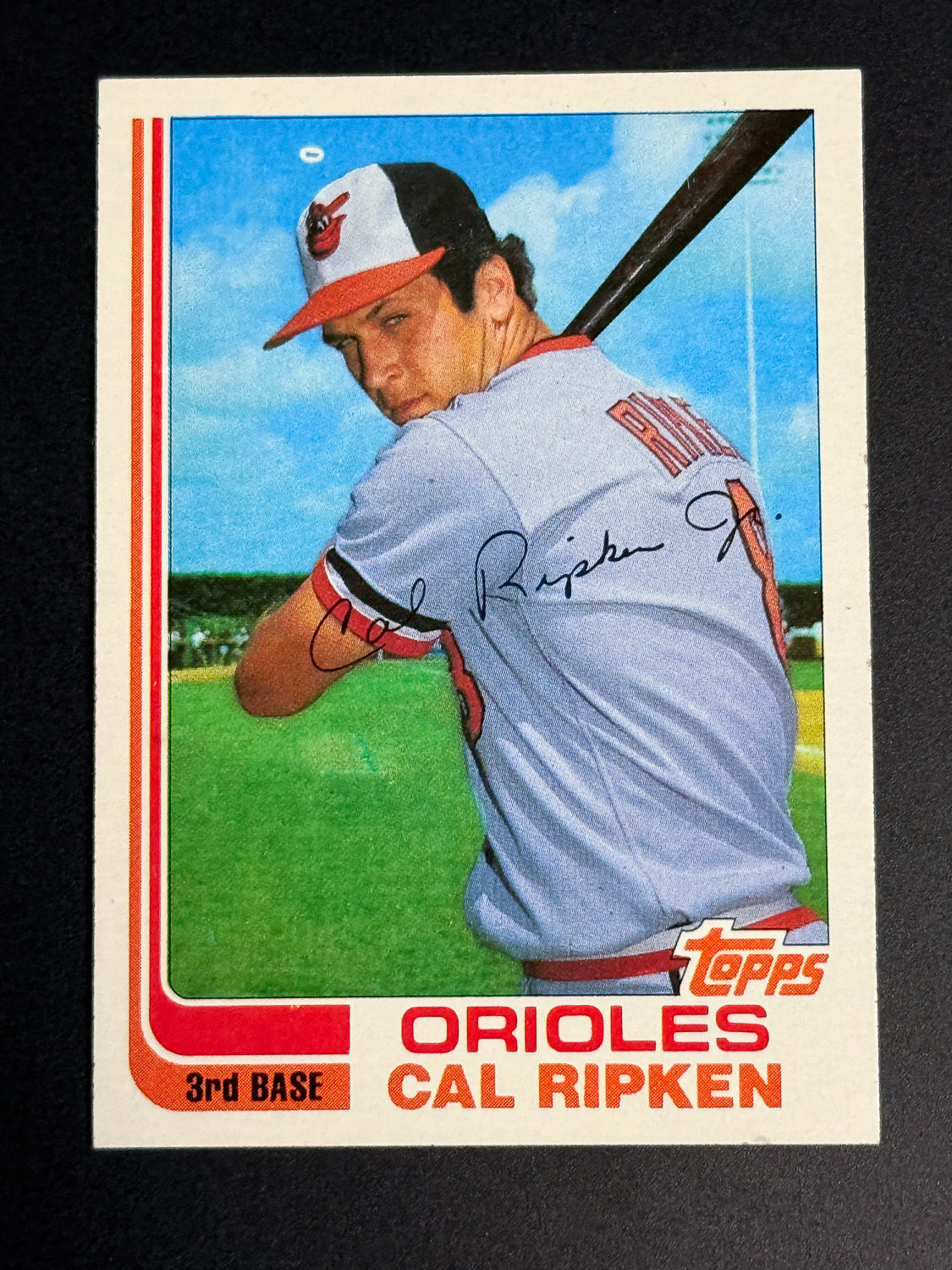 1982 Topps Cal Ripken Jr. Baltimore Orioles card with on-card autograph, showing Ripken batting in Orioles uniform