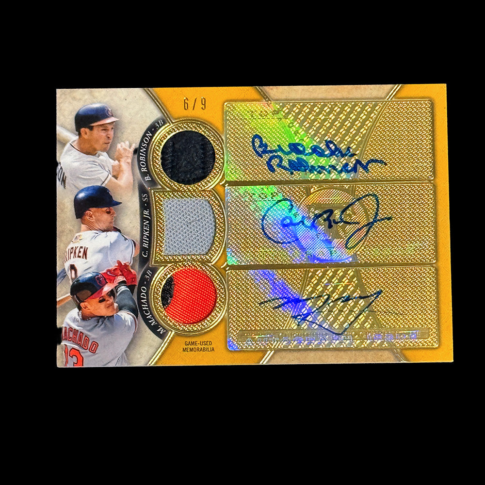 Brooks Robinson Cal Ripken Jr Manny Machado 2017 Topps Triple Threads triple autograph relic card numbered 6 of 9