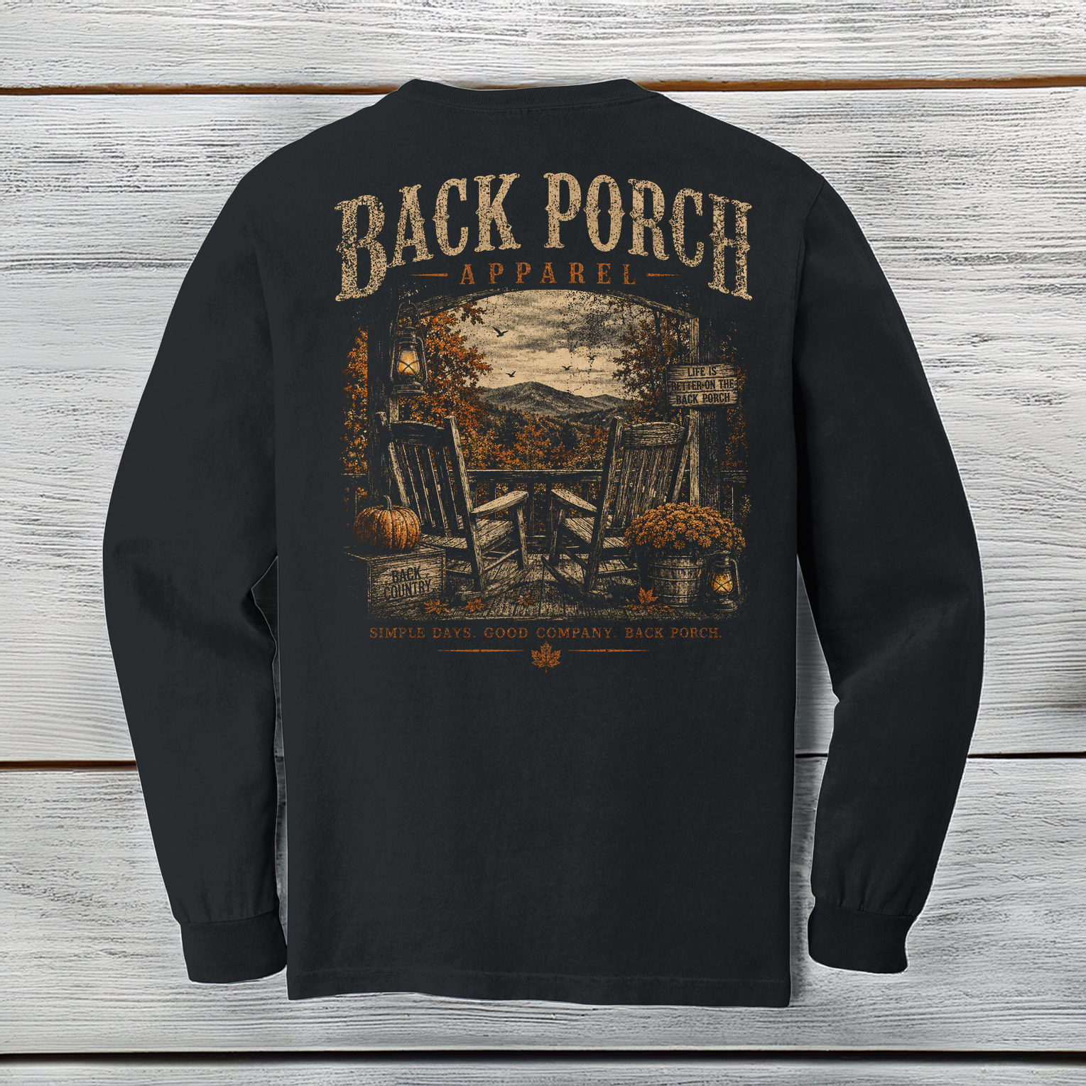 Back Porch Apparel fall Comfort Colors long sleeve shirt in black with rocking chairs and mountain scenery