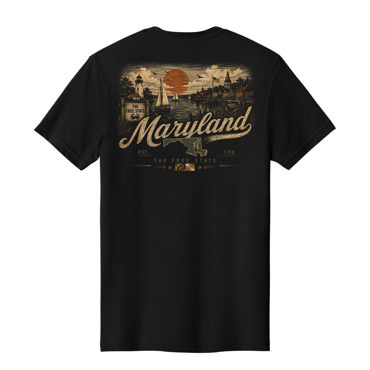 A black short-sleeve t-shirt shown from the back, featuring a large vintage-style graphic of Maryland with an orange sun, water, and the word 'Maryland' in tan script.