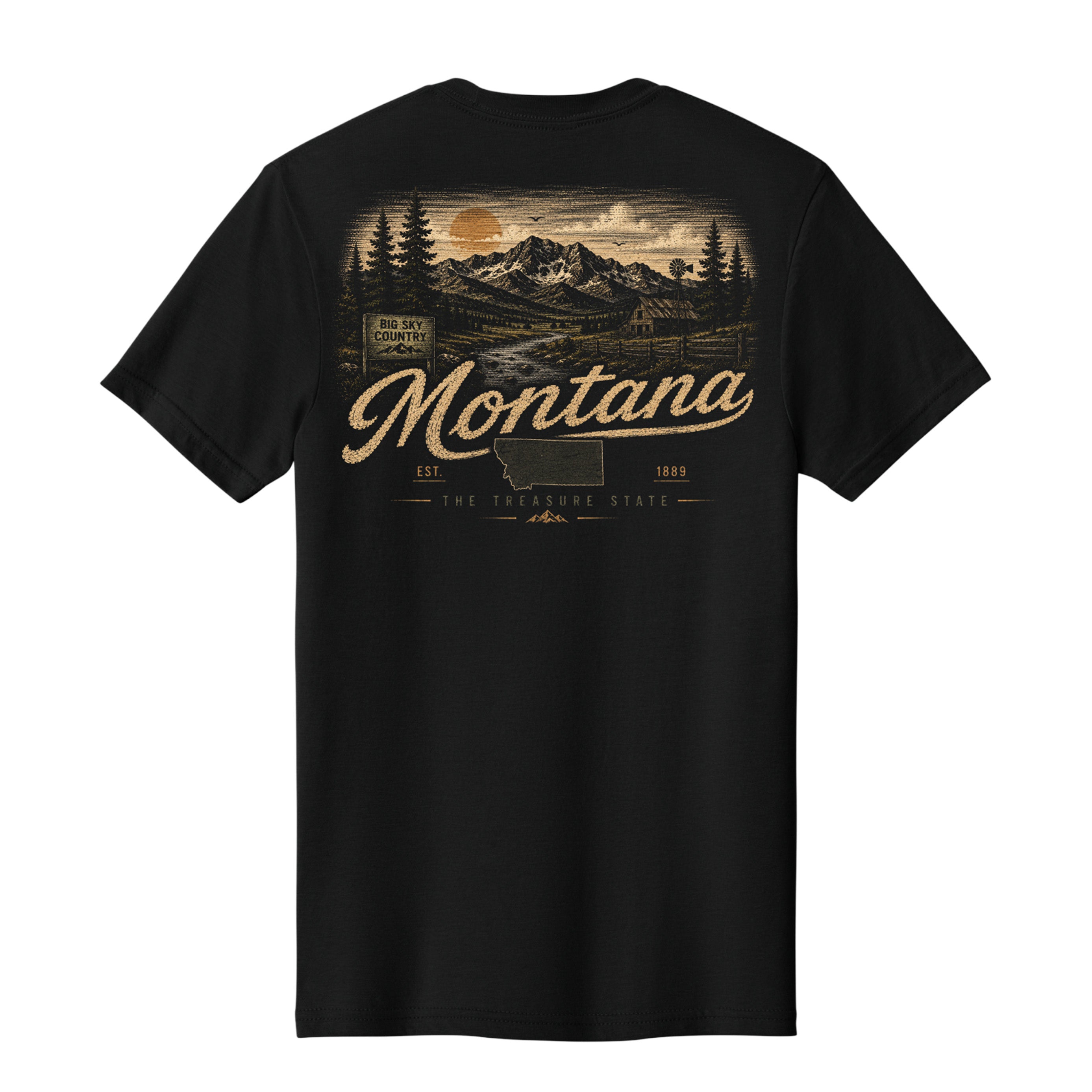 A black short-sleeve t-shirt with a vintage-style Montana graphic on the front, featuring a mountain landscape, a sunset, and the word 'Montana' in a cursive font.