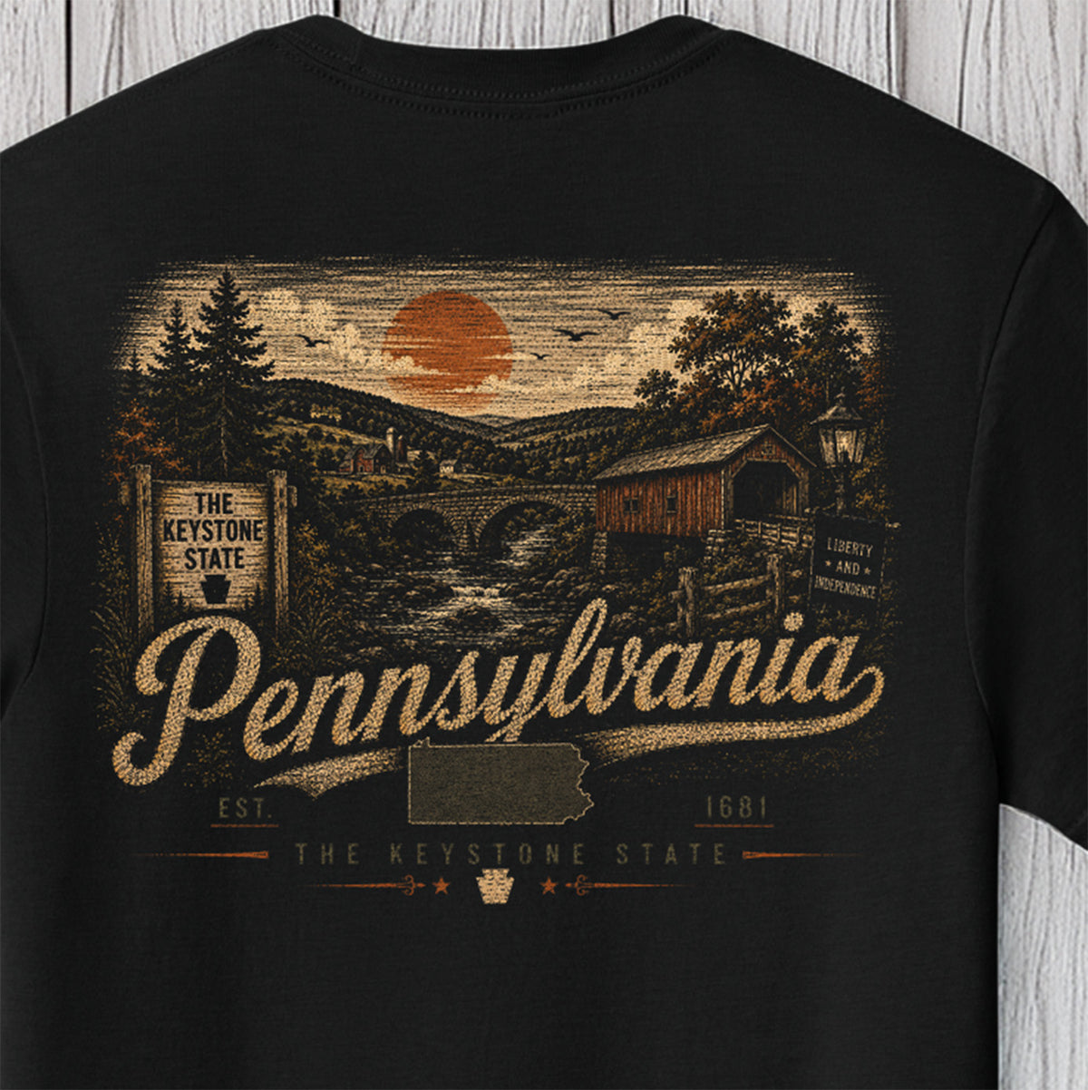 A black short-sleeve t-shirt featuring a vintage-style graphic print of Pennsylvania, including a bridge, a covered bridge, a sunset, and the text 'The Keystone State' and 'Pennsylvania'.