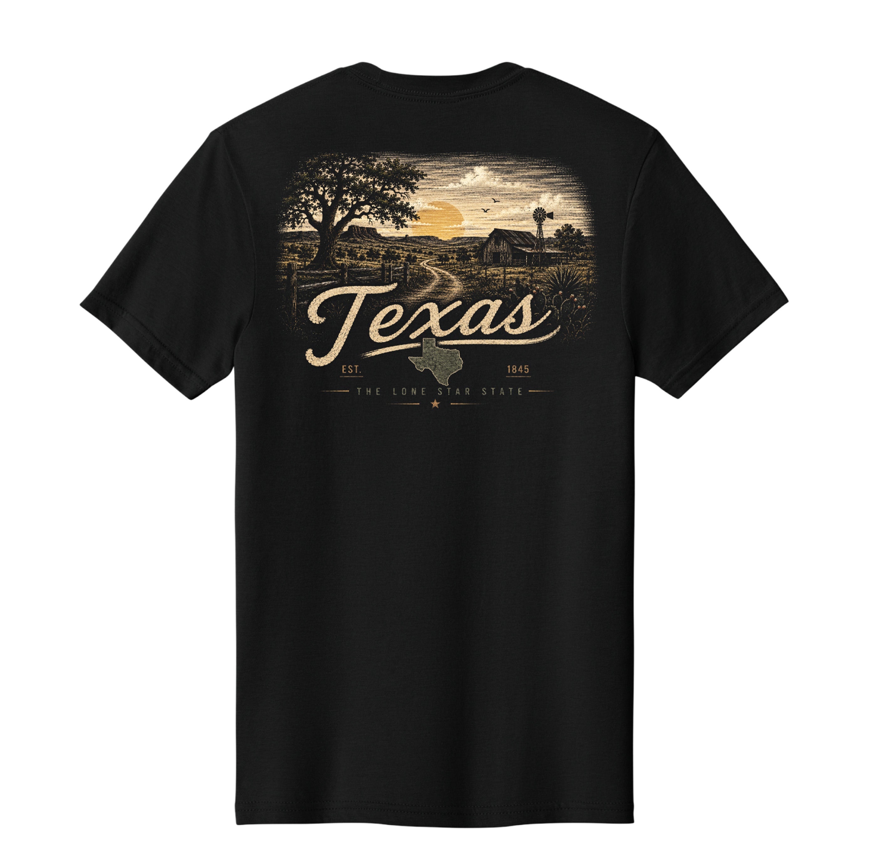 A black short-sleeve t-shirt shown from the back, featuring a large vintage-style graphic print of a Texas landscape with a sunset, barn, windmill, and the word 'Texas' in cream lettering.