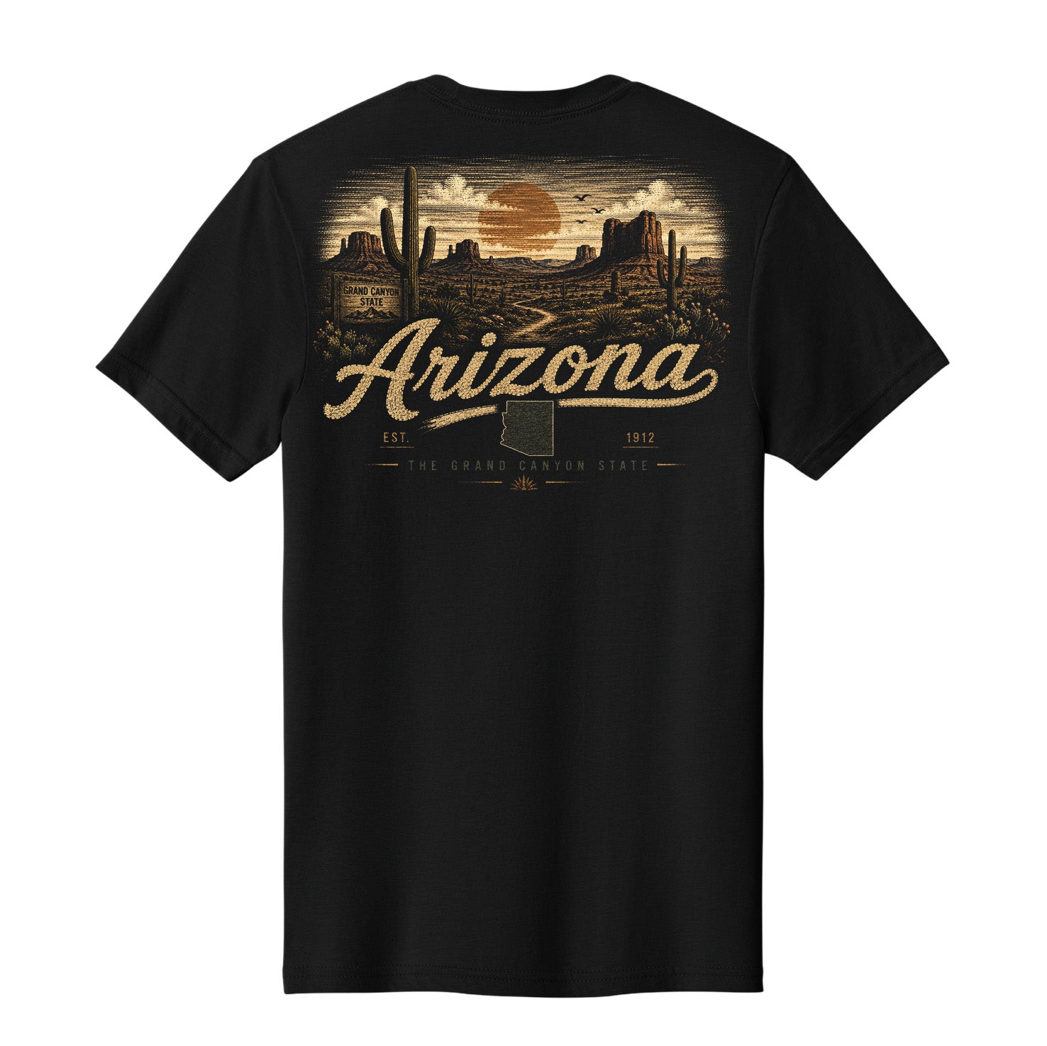 A black short-sleeve t-shirt shown from the back, featuring a detailed desert landscape graphic in tan and brown tones with the word 'Arizona' in large script across the center.