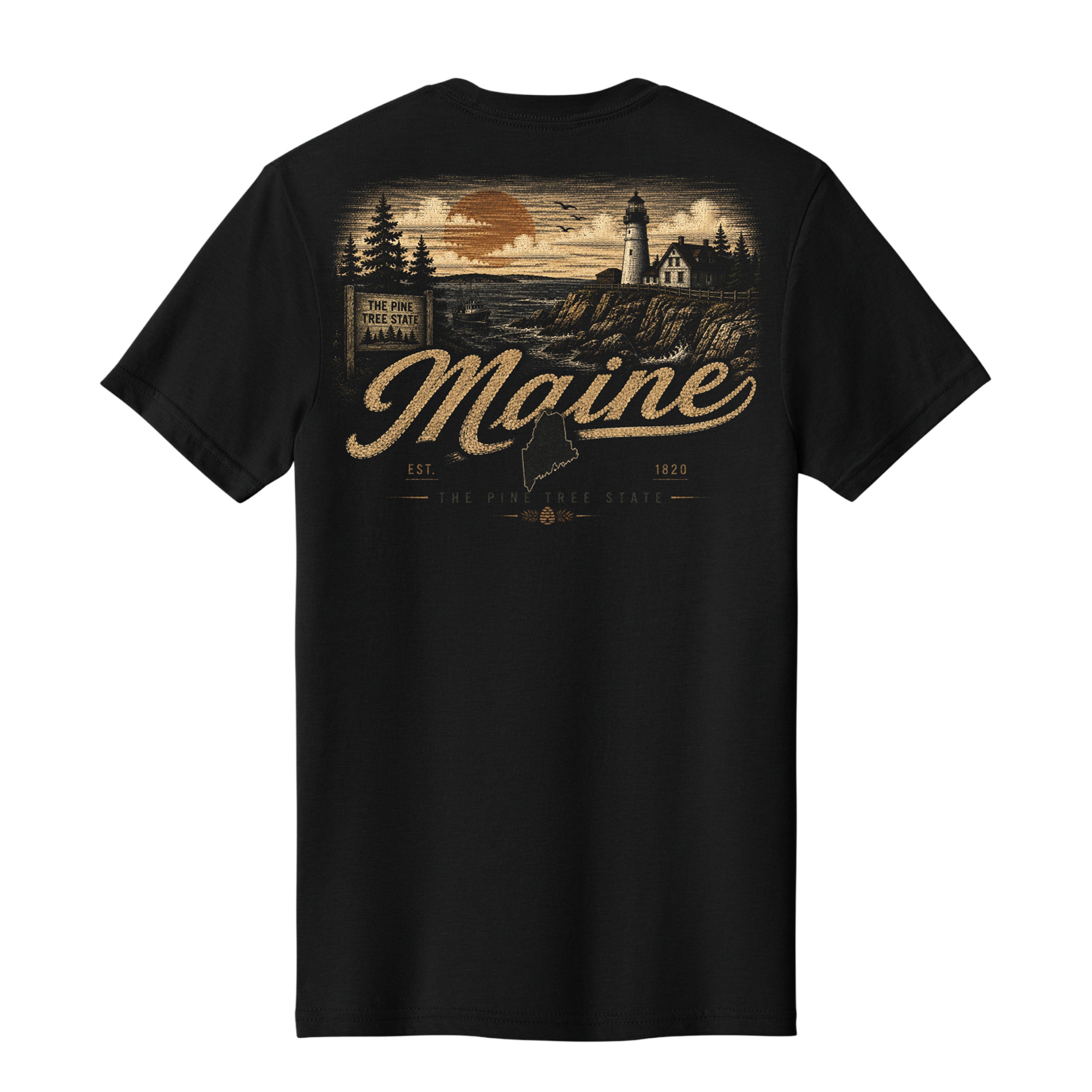 A black short-sleeve t-shirt shown from the back, featuring a large vintage-style graphic of a Maine lighthouse scene in tan and brown tones with the word 'Maine' across the center.