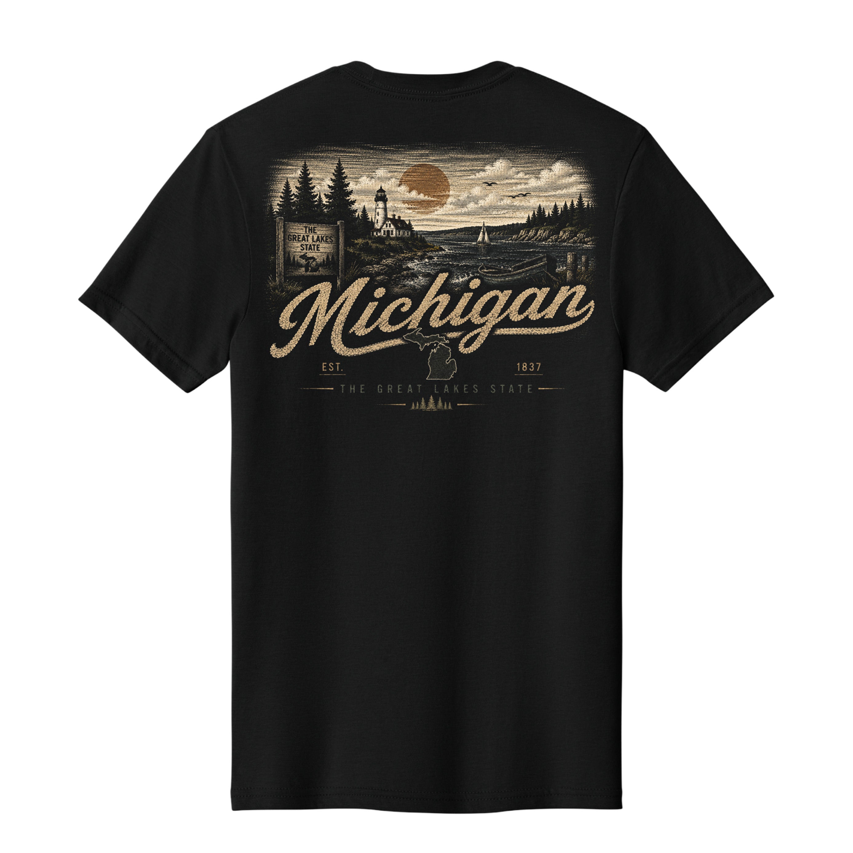 A black short-sleeve t-shirt shown from the back, featuring a vintage-style scenic graphic of Michigan's Great Lakes Coast with a lighthouse, sunset, and large 'Michigan' text in tan.